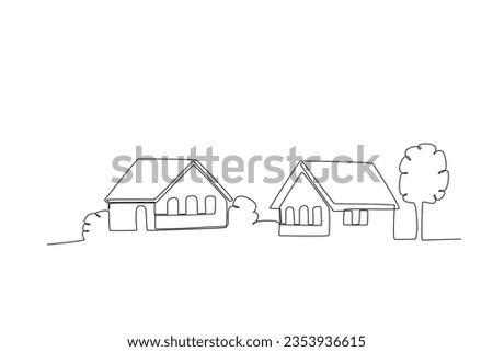 Two houses with plants around them. Village one-line drawing