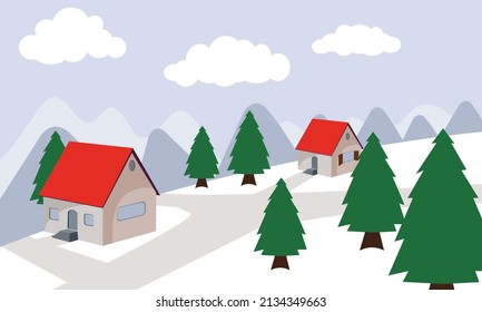 Dos casas en una pintoresca ciudad forestal de invierno.