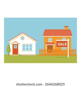 Two houses with a sale sign in front of one of them
