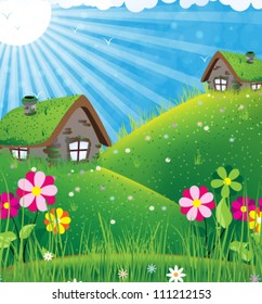 Two houses with sod roofs on a green meadow. Summer sunny landscape