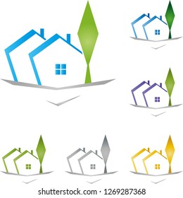 Two houses and tree in different colors