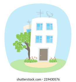 Two houses and a tree in summer