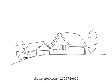 Two houses with trees beside them. Village one-line drawing