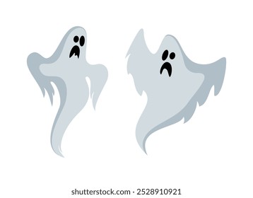 Dos fantasmas flotando en la Ilustración vectorial. Dos fantasmas flotantes icono conjunto aislado en un fondo blanco. Dibujo de fantasmas espeluznantes. Elemento de Diseño gráfico de Halloween