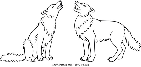 Two howling grey wolves - vector illustration. Outline version.