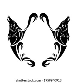 two howling wolf heads and heraldic style copy space blank black and white vector design