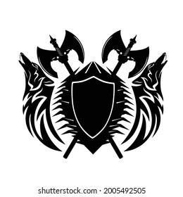 two howling wolf heads with heraldic shield and crossed scandinavian battle axes - nordic coat of arms black and white vector silhouette design