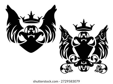 two howling wolf profile heads with fantasy heraldic shield, king crown and rose flowers decor - fairy tale royal coat of arms black and white vector design
