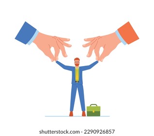 Two Huge Hands Are Pulling An Employee In Opposite Directions, Symbolizing Difficult Decision Or Conflicting Priorities