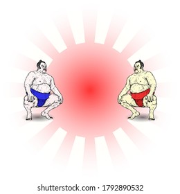 Two huge sumo wrestler against a Japanese rising sun. Vector illustration.