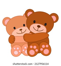 Two hugging bears. Cute cartoon illustration. Love and friendship concept. Print for Valentine day. Teddy bear hug his friend. Print for children, clothes, cards, nursery design and decor. 