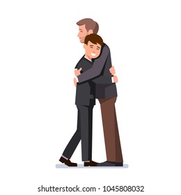 Two hugging business men. Business people embracing each other closely feeling comfort and friendship. Father and child meeting after long parting. Flat style vector illustration isolated on white