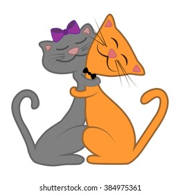 Two hugging cats. Two lovers cats, cuddling cute. Cartoon vector isolated illustration of two cats.