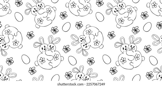 Two hugging easter bunnies seamless pattern. Vector hand drawn outline symbol. 