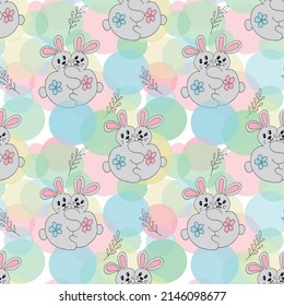Two hugging easter bunnies. Vector hand drawn seamless pattern