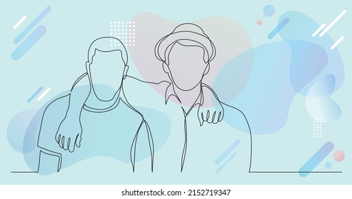 two hugging friends standing together - one line drawing