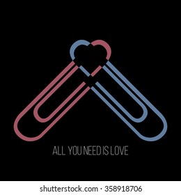 Two hugging paper clips shaping a heart. Valentine's vector minimal unique idea greeting card  
