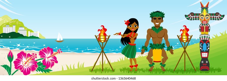 Two hula dancers dancing in the tropical beach - copy space