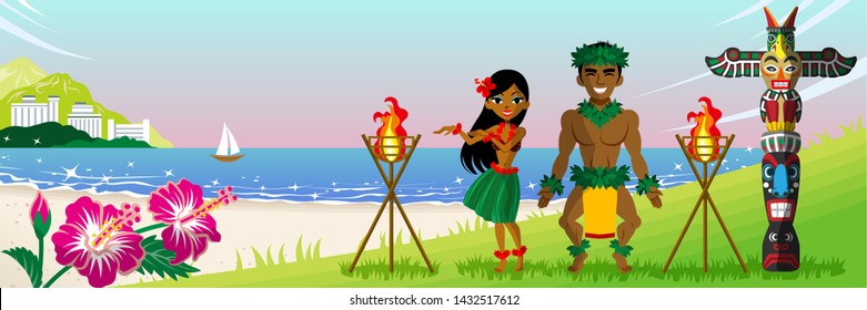 Two hula dancers dancing in the tropical beach at sunset