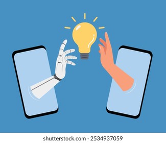 Two human and AI with light bulb idea concept. Business industry robot factory concept. Technology on smartphone.