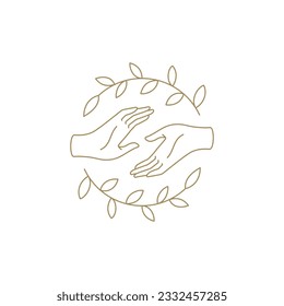 Two human arms connected at circle botanical natural leaves branches frame minimalist line icon vector illustration. Palms reach out to each other romantic love tenderness emblem monochrome design