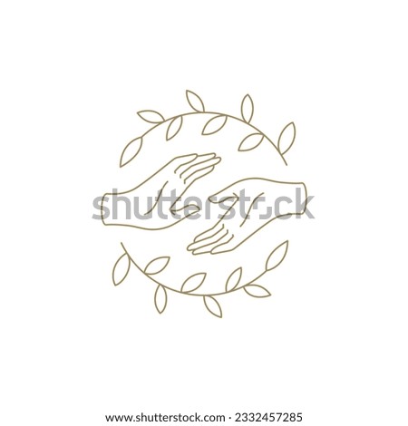 Two human arms connected at circle botanical natural leaves branches frame minimalist line icon vector illustration. Palms reach out to each other romantic love tenderness emblem monochrome design