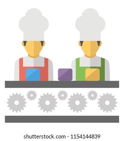 
Two human avatars in chef caps standing in front of a conveyor machine, offering food processing plant 
