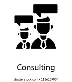 Two human avatars in official dressing with chat bubbles on head making a concept for consulting icon  