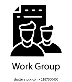 Two human avatars with a paper sheet in background is icon for work group