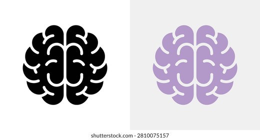 Two human brain displayed side by side, one in solid black and one in light purple, isolated on a plain white background, style