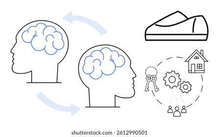 Two human brains connected by arrows, shoe outline, house key, house icon, gears and people icons. Ideal for education, innovation, teamwork, real estate, lifestyle, creativity, networking. Line
