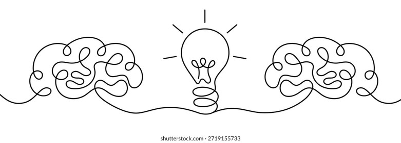 Dos cerebros humanos conectados a través de bombillas que simbolizan la reflexión, el intercambio de ideas y el proceso de pensamiento. Concepto minimalista de arte lineal continuo para psicología, creatividad, percepción y equilibrio mental