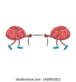 two human brains pulling rope cartoons vector illustration graphic design