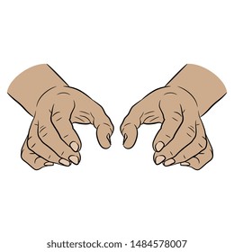 Two human Caucasian male hands in holding gesture. Front view. Cartoon style.