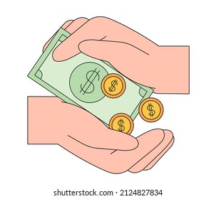 	
Two Human Character Hands Hold Dollar Bill Vector Icon, Emblem. Vector Illustration Of Money Transfer, Loan, Business Financial Or Bank Operation. Concept Of Two People Approving Credit.