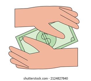 	
Two Human Character Hands Hold Dollar Bill Vector Icon, Emblem. Vector Illustration Of Money Transfer, Loan, Business Financial Or Bank Operation. Concept Of Two People Approving Credit.