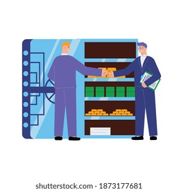 Dos personajes humanos en la ilustración de vector plano de la bóveda bancaria