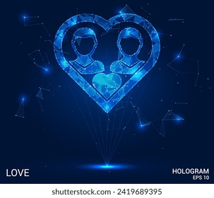 Two human are cold heart. Wireframe glowing low poly heart. Design on dark blue background. Abstract futuristic vector illustration.