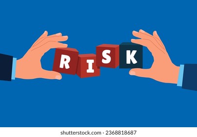 Two human confront with cubic stack with the word RISK. Flat vector illustration