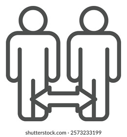 Two human with distance arrow line icon, genetic research concept. Vector graphics. DNA similarity test for men sign on white background, outline style icon for mobile or web design