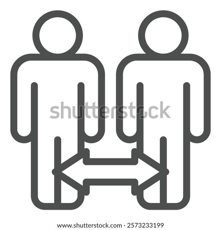Two human with distance arrow line icon, genetic research concept. Vector graphics. DNA similarity test for men sign on white background, outline style icon for mobile or web design