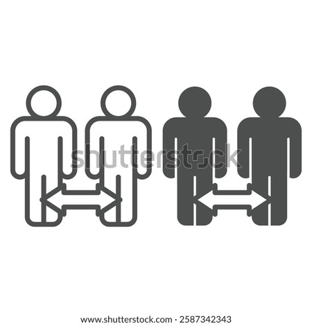 Two human with distance arrow line and solid icon, genetic research concept. Vector graphics. DNA similarity test for men sign on white background, outline style icon for mobile or web design