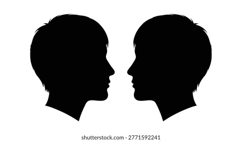 two human faces shown in black silhouette facing each other against a plain white background, creating a striking visual contrast. high-quality professional detailed modern