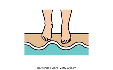 Two human feet standing on a sand-colored beach edge where the turquoise ocean waves meet the shore in a simple colorful illustration.