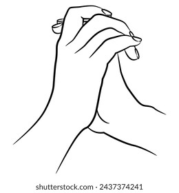 Two human female hands in elegant folded gesture. Black and white linear silhouette. Cartoon style.