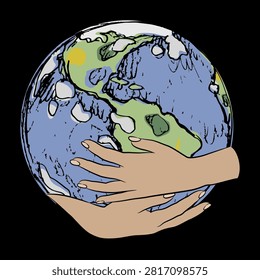 Two human female hands embracing planet earth. Save the world global concept. Goddess Gaia.
