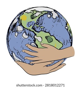 Two human female hands embracing planet earth. Save the world global concept. Goddess Gaia. Isolated vector illustrati