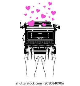 Two human female hands typing on vintage mechanical typewriter and cloud of heart symbols. Romanic Valentine's Day design. Creative concept.