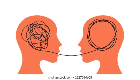 Two human or female heads with a thread between them. Psychotherapy session concept. Psychological support, help concept. Mental disorder treatment concept. Depressed person treatment. Vector