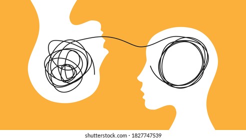 Two human or female heads with a thread between them. Psychotherapy session concept. Psychological support, help concept. Mental disorder treatment concept. Depressed person treatment. Vector
